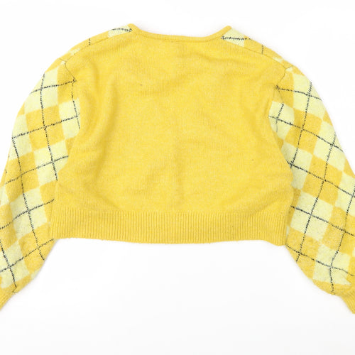 H&M Divided Women Yellow Argyle V-Neck Cropped Cardigan Size S