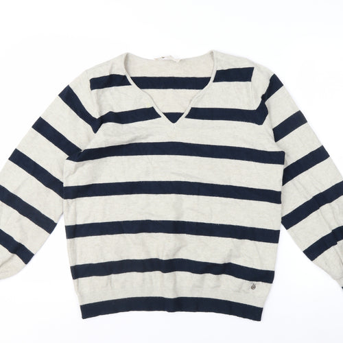 Cream Women's Beige Navy Striped V-Neck Pullover Jumper Size M