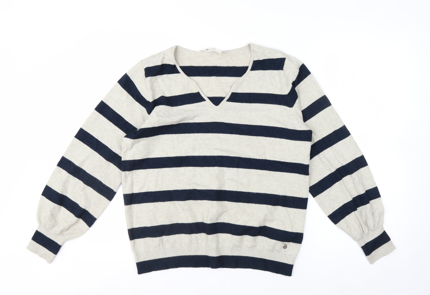Cream Women's Beige Navy Striped V-Neck Pullover Jumper Size M