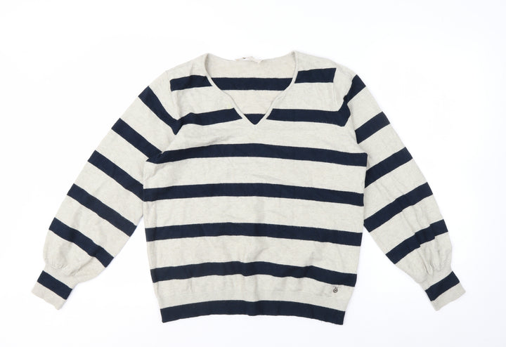 Cream Women's Beige Navy Striped V-Neck Pullover Jumper Size M