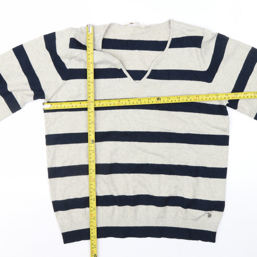 Cream Women's Beige Navy Striped V-Neck Pullover Jumper Size M