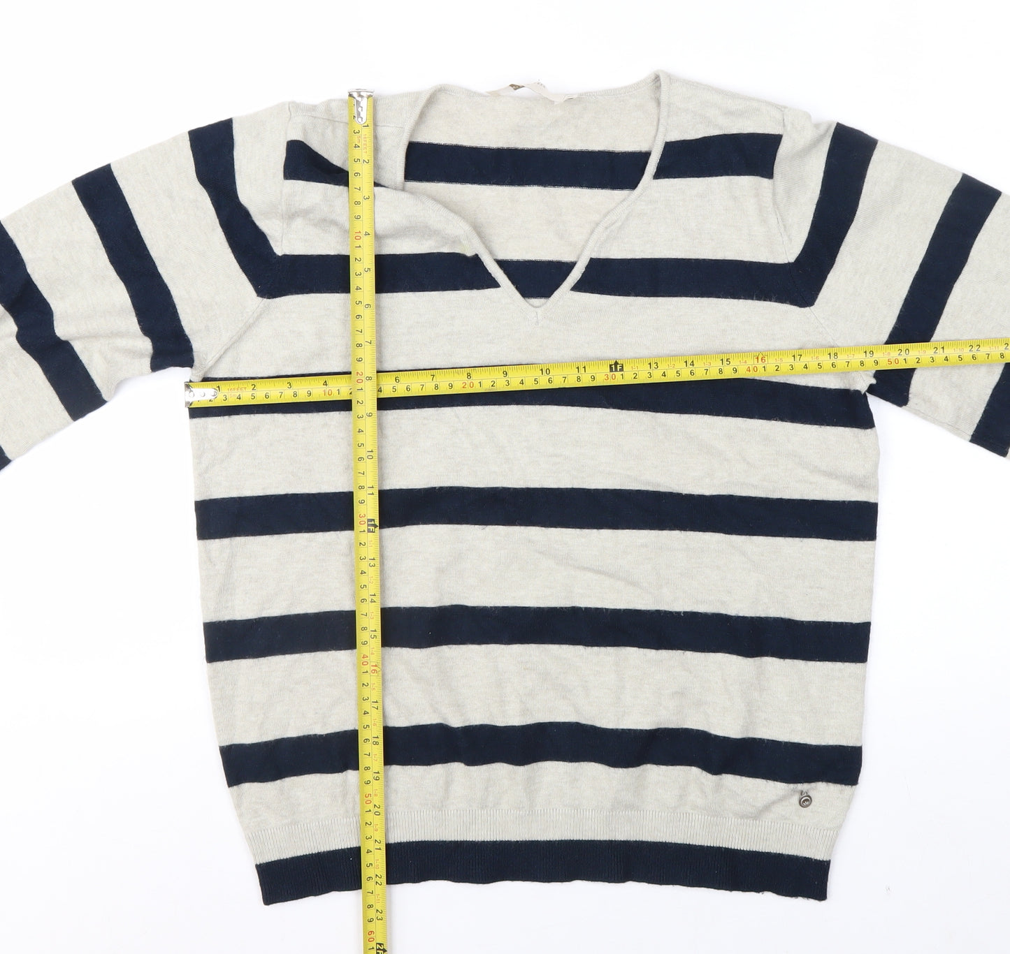 Cream Women's Beige Navy Striped V-Neck Pullover Jumper Size M