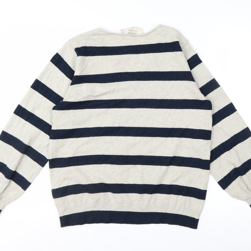 Cream Women's Beige Navy Striped V-Neck Pullover Jumper Size M