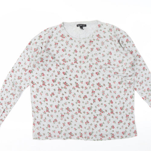 Mango Women’s Grey Floral Long Sleeve Cotton Blend T-Shirt Size L