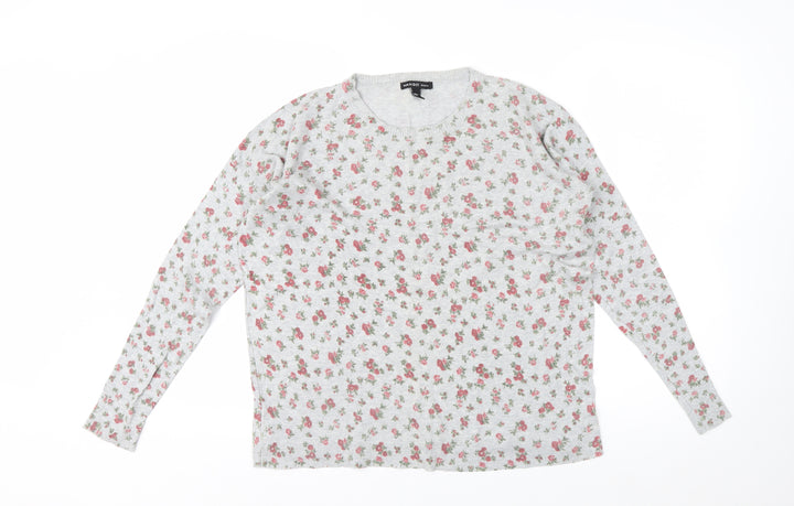 Mango Women’s Grey Floral Long Sleeve Cotton Blend T-Shirt Size L