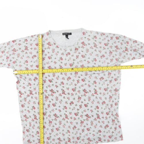 Mango Women’s Grey Floral Long Sleeve Cotton Blend T-Shirt Size L