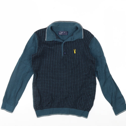 Next Boys Blue Long Sleeve Cotton Polo Shirt 8 Years Geometric Pattern