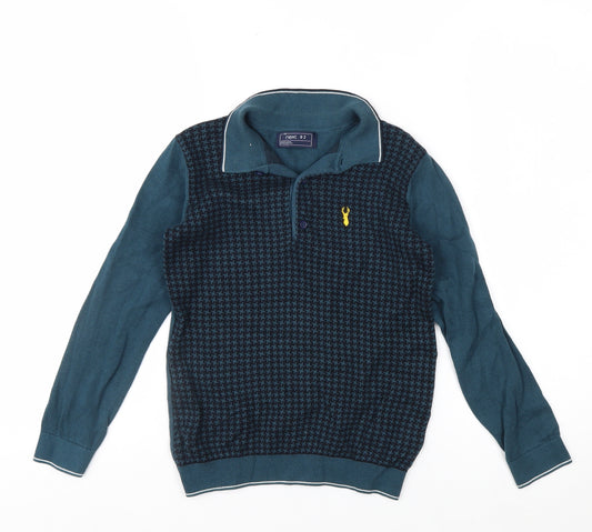 Next Boys Blue Long Sleeve Cotton Polo Shirt 8 Years Geometric Pattern