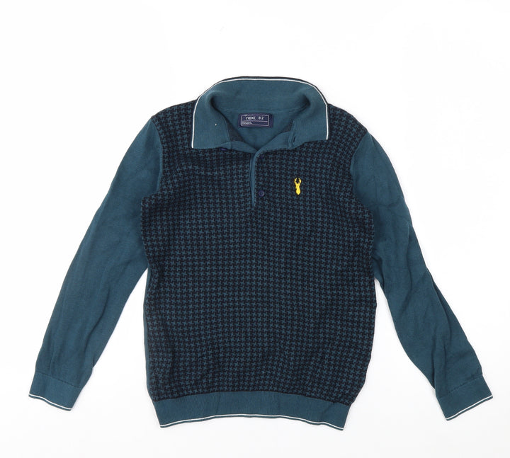 Next Boys Blue Long Sleeve Cotton Polo Shirt 8 Years Geometric Pattern