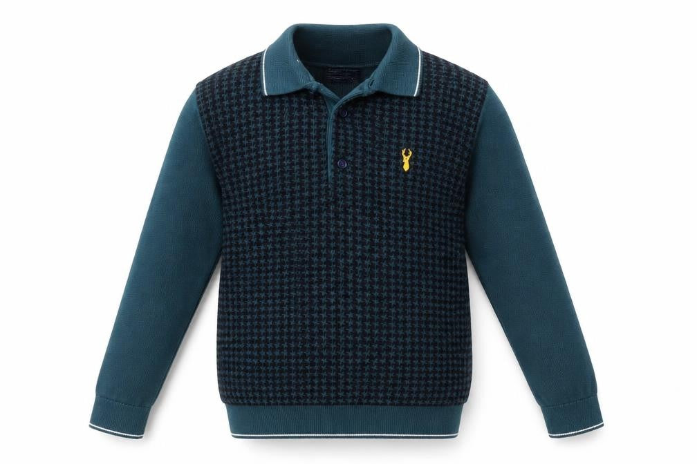 Front view of Next boys’ blue long sleeve cotton polo shirt 8 years geometric pattern