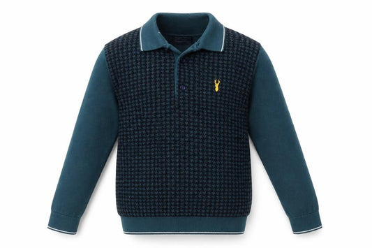 Next Boys Blue Long Sleeve Cotton Polo Shirt 8 Years Geometric Pattern