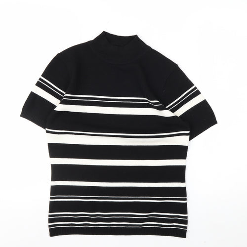 Essentials Women's Black Striped Mock Neck Short Sleeve Knit Top Size 10-12