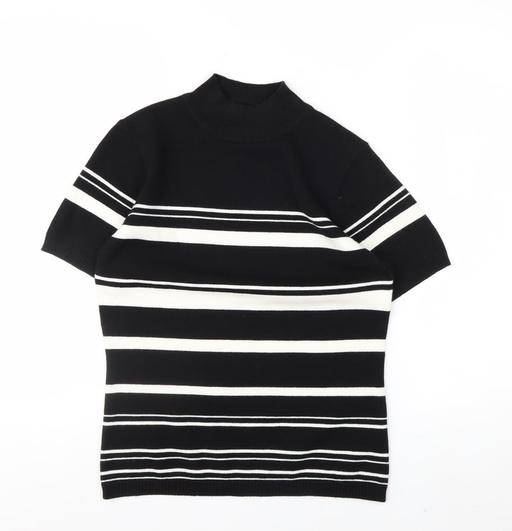Essentials Women's Black Striped Mock Neck Short Sleeve Knit Top Size 10-12
