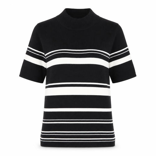 Essentials Women's Black Striped Mock Neck Short Sleeve Knit Top Size 10-12