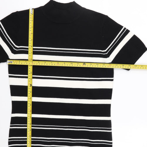 Essentials Women's Black Striped Mock Neck Short Sleeve Knit Top Size 10-12