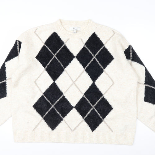 Marks and Spencer Women Beige Argyle Knit Jumper L Wool Blend