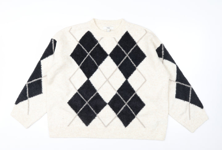 Marks and Spencer Women Beige Argyle Knit Jumper L Wool Blend