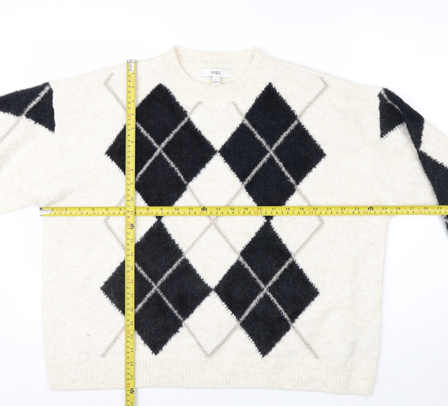 Marks and Spencer Women Beige Argyle Knit Jumper L Wool Blend