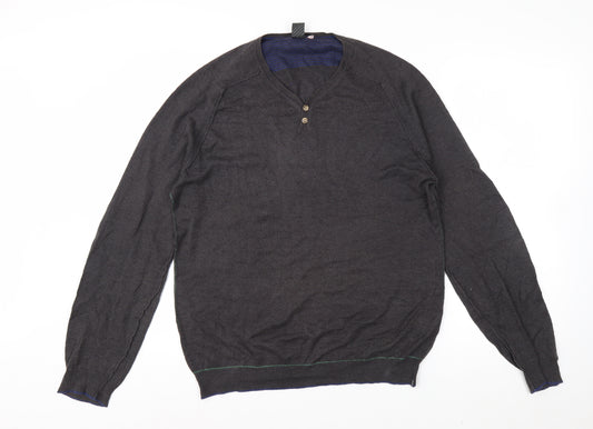 White Stuff Men's Grey Linen Cotton Henley Jumper Size S