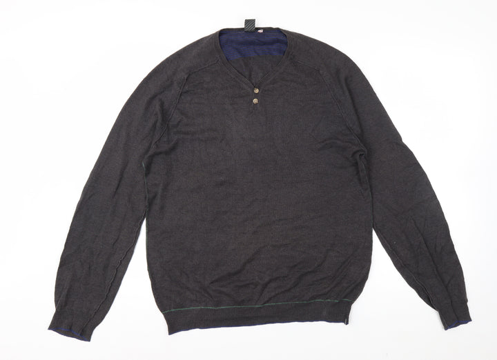 White Stuff Men's Grey Linen Cotton Henley Jumper Size S