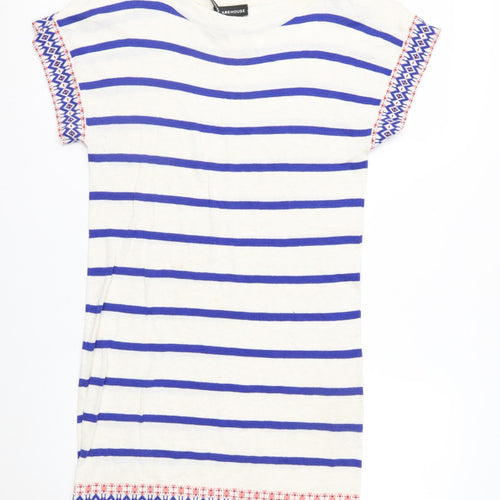 Warehouse Women White Blue Striped Knit Jumper UK 10 Cotton Short Sleeve