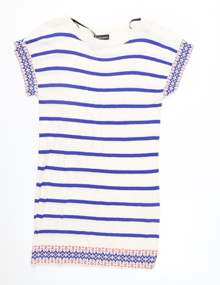 Warehouse Women White Blue Striped Knit Jumper UK 10 Cotton Short Sleeve