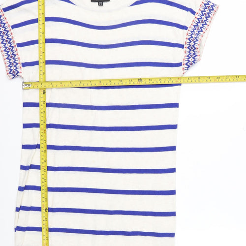 Warehouse Women White Blue Striped Knit Jumper UK 10 Cotton Short Sleeve