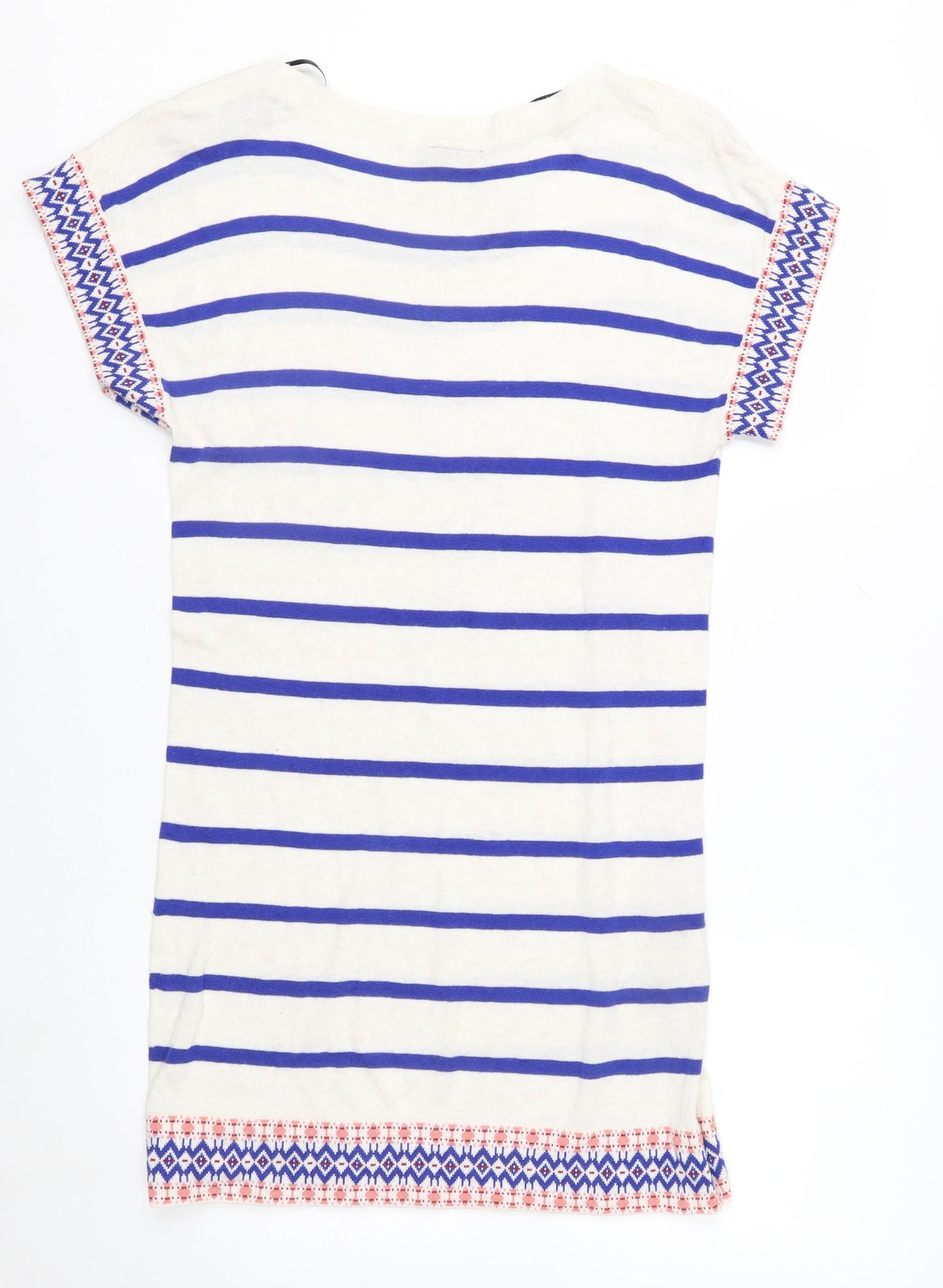 Warehouse Women White Blue Striped Knit Jumper UK 10 Cotton Short Sleeve