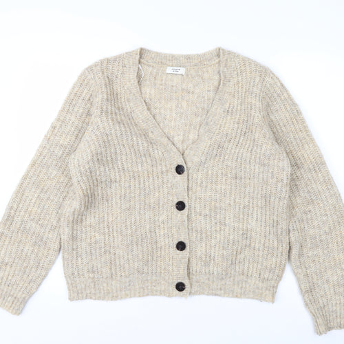 Jacqueline de Yong Womens Beige L Button Cardigan Knit V-Neck Jumper