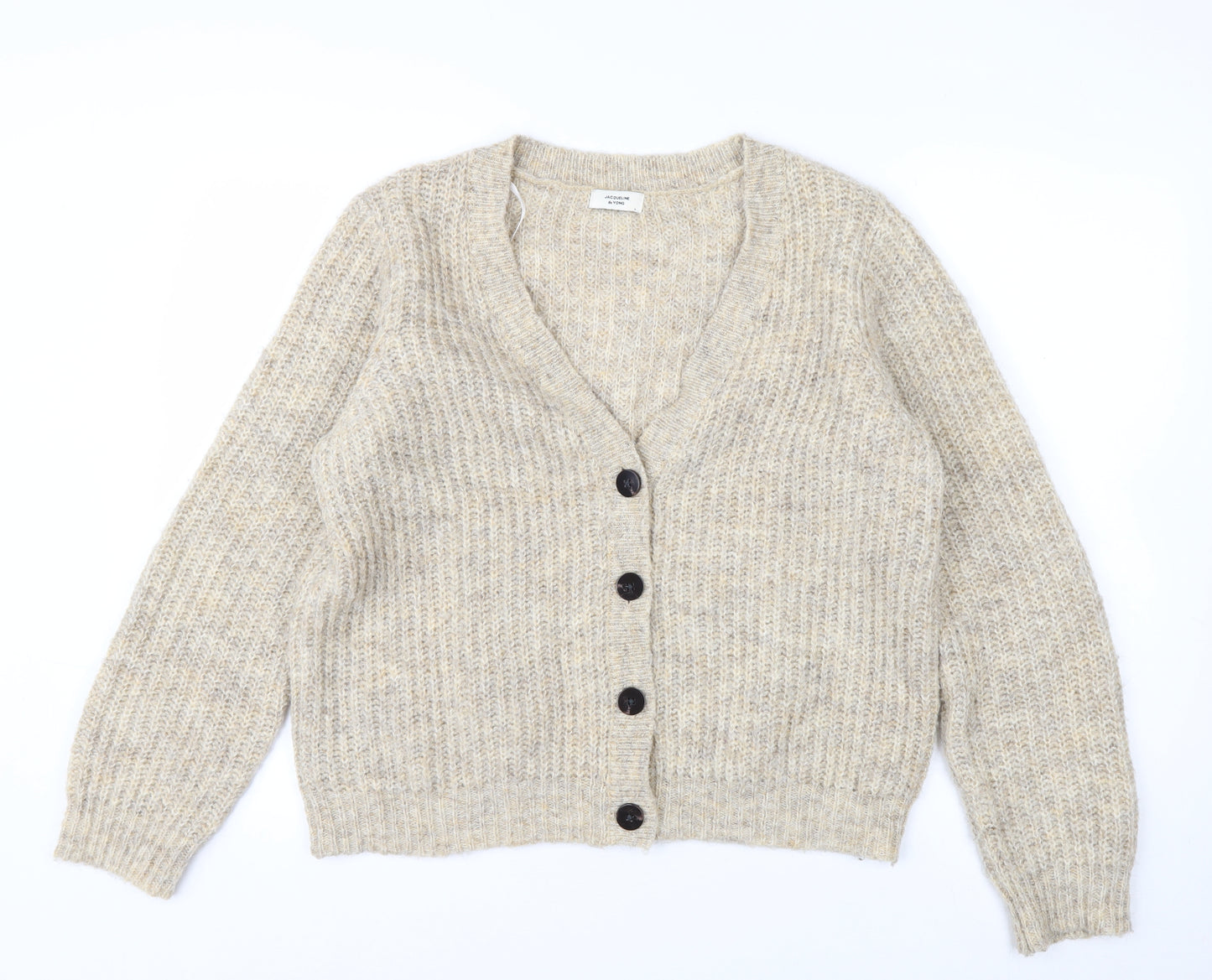 Jacqueline de Yong Womens Beige L Button Cardigan Knit V-Neck Jumper