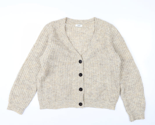 Jacqueline de Yong Womens Beige L Button Cardigan Knit V-Neck Jumper