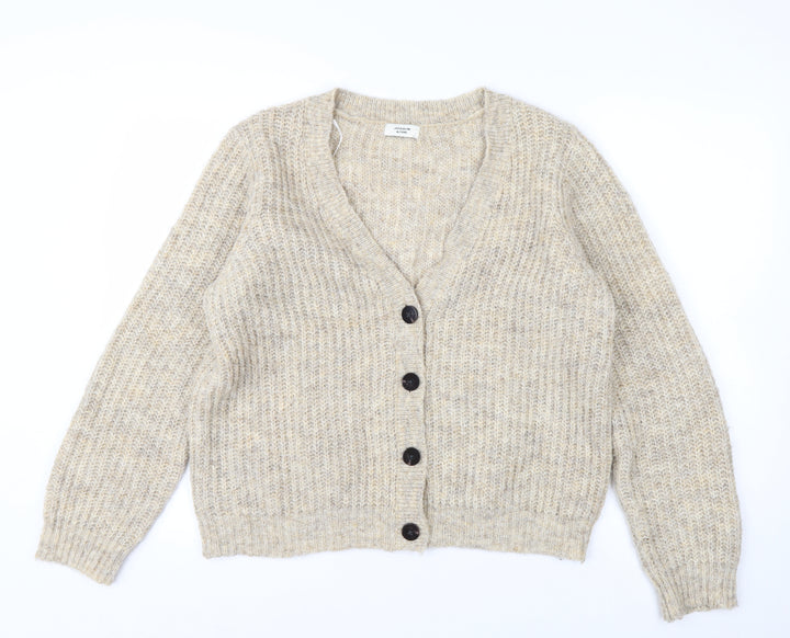 Jacqueline de Yong Womens Beige L Button Cardigan Knit V-Neck Jumper