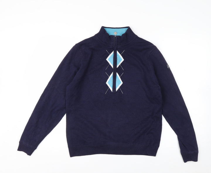 Green Lamb Women's Blue Argyle 1/2 Zip Knit Jumper Size 14
