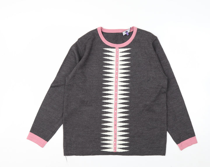 Autonomy Womens Grey Pink Cardigan Medium Acrylic Knit Long Sleeve
