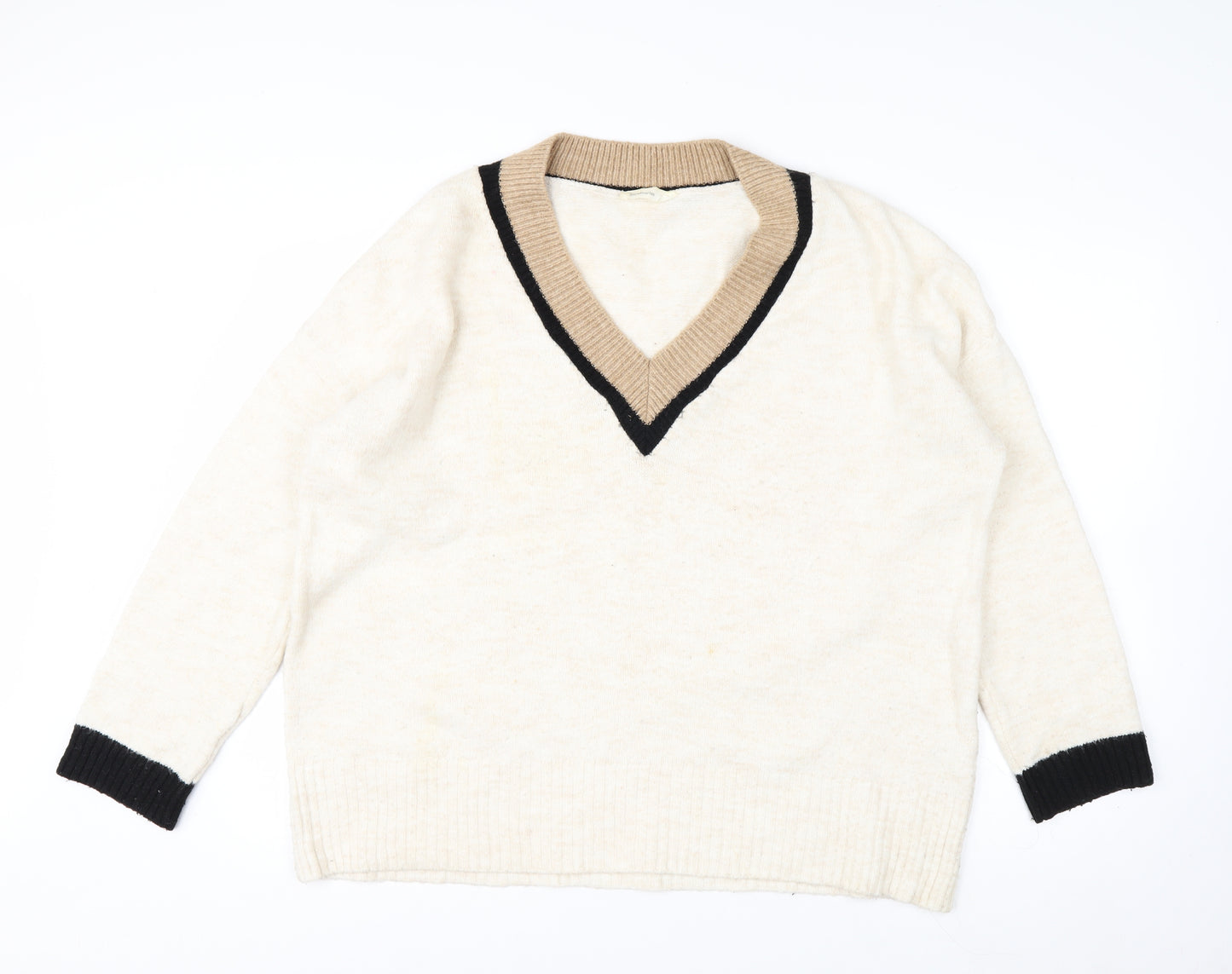 Stradivarius Women’s Ivory V-Neck Alpaca Wool Blend Jumper Size S