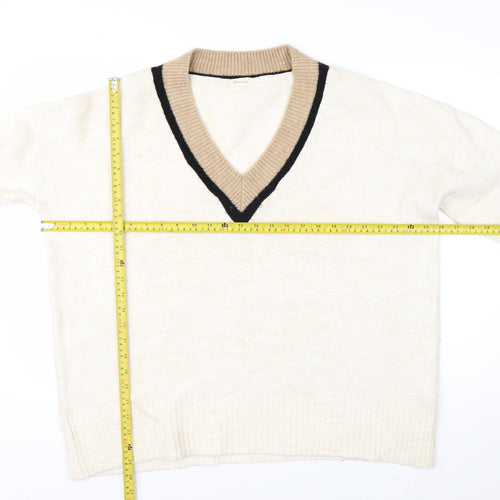 Stradivarius Women’s Ivory V-Neck Alpaca Wool Blend Jumper Size S