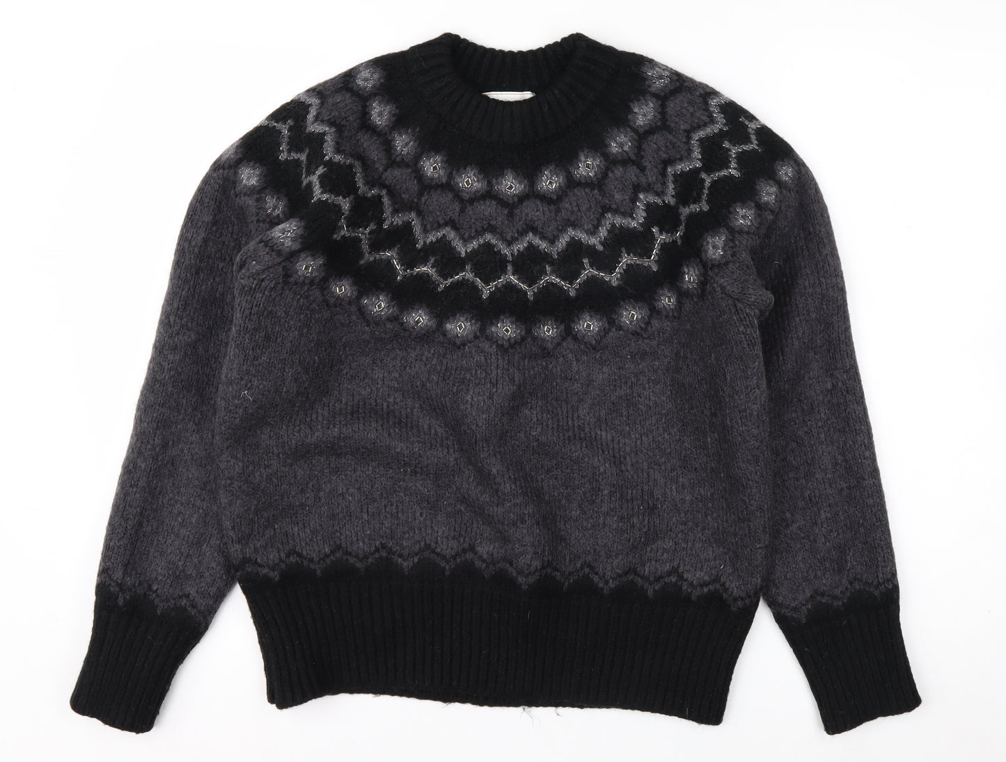 Joules Women Grey Fair Isle Crew Neck Chunky Knit Jumper Size 14