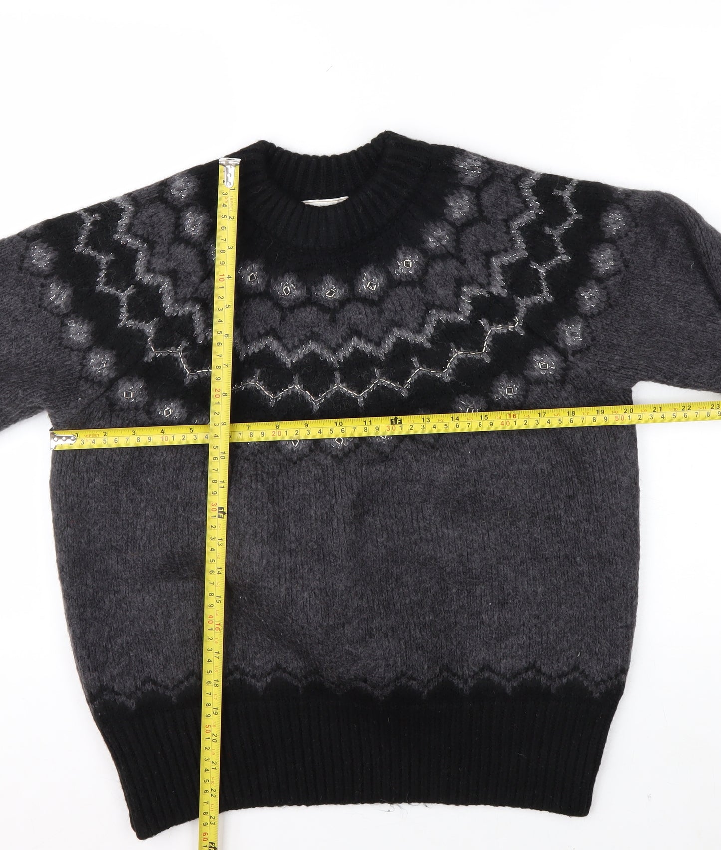 Joules Women Grey Fair Isle Crew Neck Chunky Knit Jumper Size 14