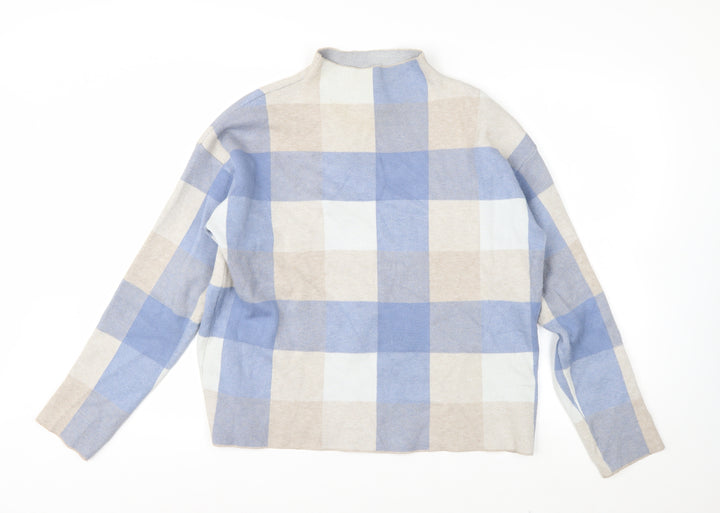 Tahari Women Blue Check Mock Neck Long Sleeve Pullover Jumper Size L