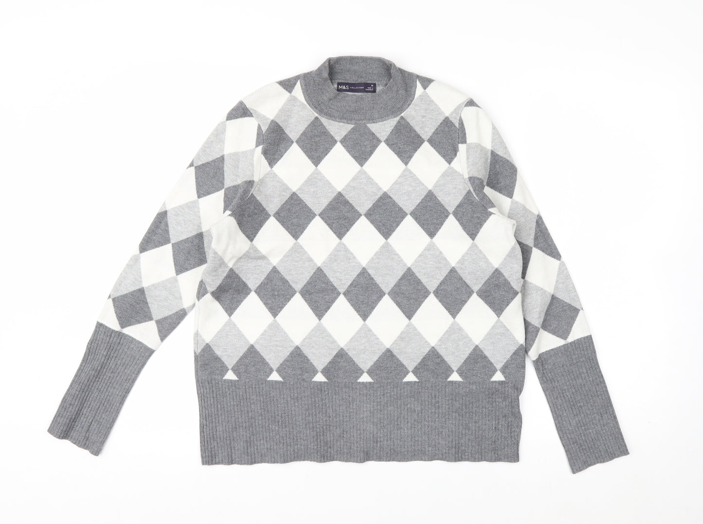 Marks and Spencer Women’s Grey Argyle Crew Neck Jumper Size 16