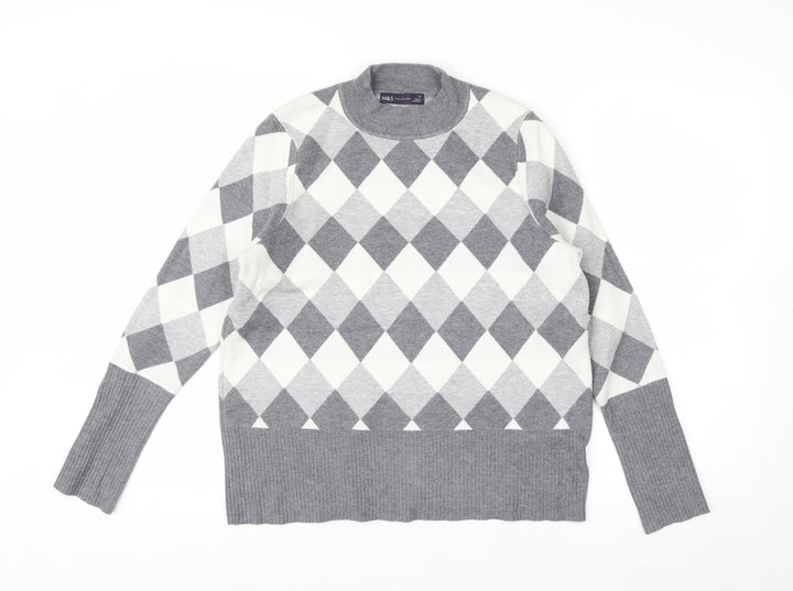 Marks and Spencer Women’s Grey Argyle Crew Neck Jumper Size 16