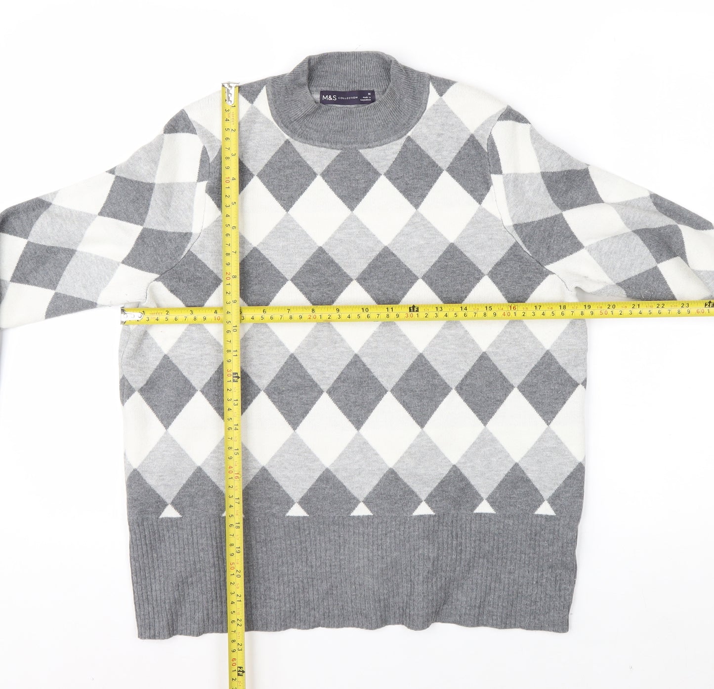 Marks and Spencer Women’s Grey Argyle Crew Neck Jumper Size 16
