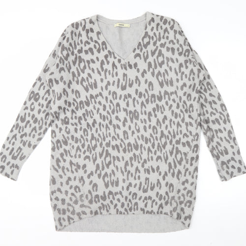 Oasis Women's Grey Animal Print V-Neck Knit Jumper Size S