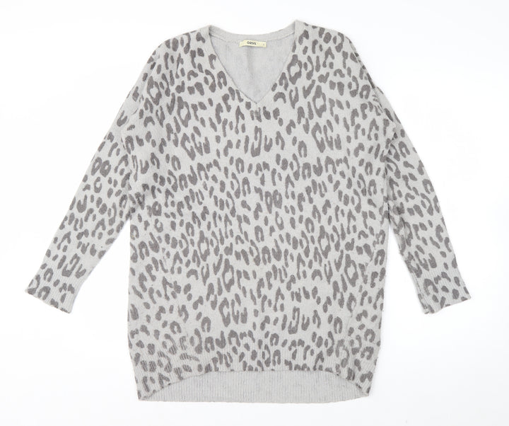 Oasis Women's Grey Animal Print V-Neck Knit Jumper Size S