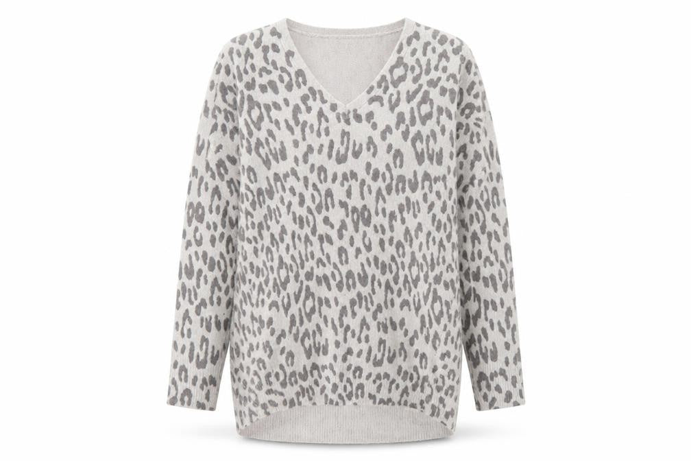 Oasis Women's Grey Animal Print V-Neck Knit Jumper Size S
