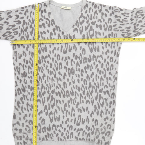 Oasis Women's Grey Animal Print V-Neck Knit Jumper Size S