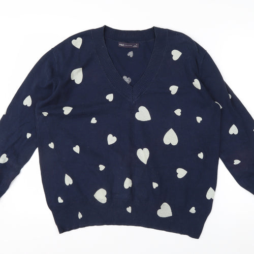 Marks and Spencer Women's Blue Heart V-Neck Cotton Jumper M