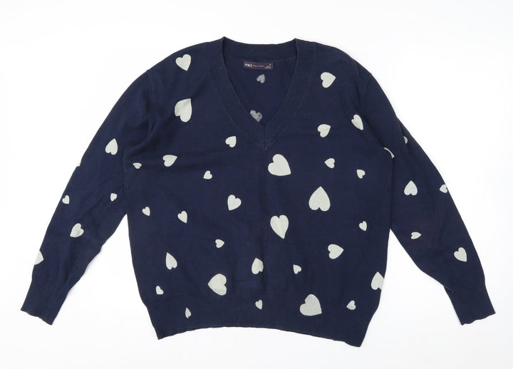Marks and Spencer Women's Blue Heart V-Neck Cotton Jumper M