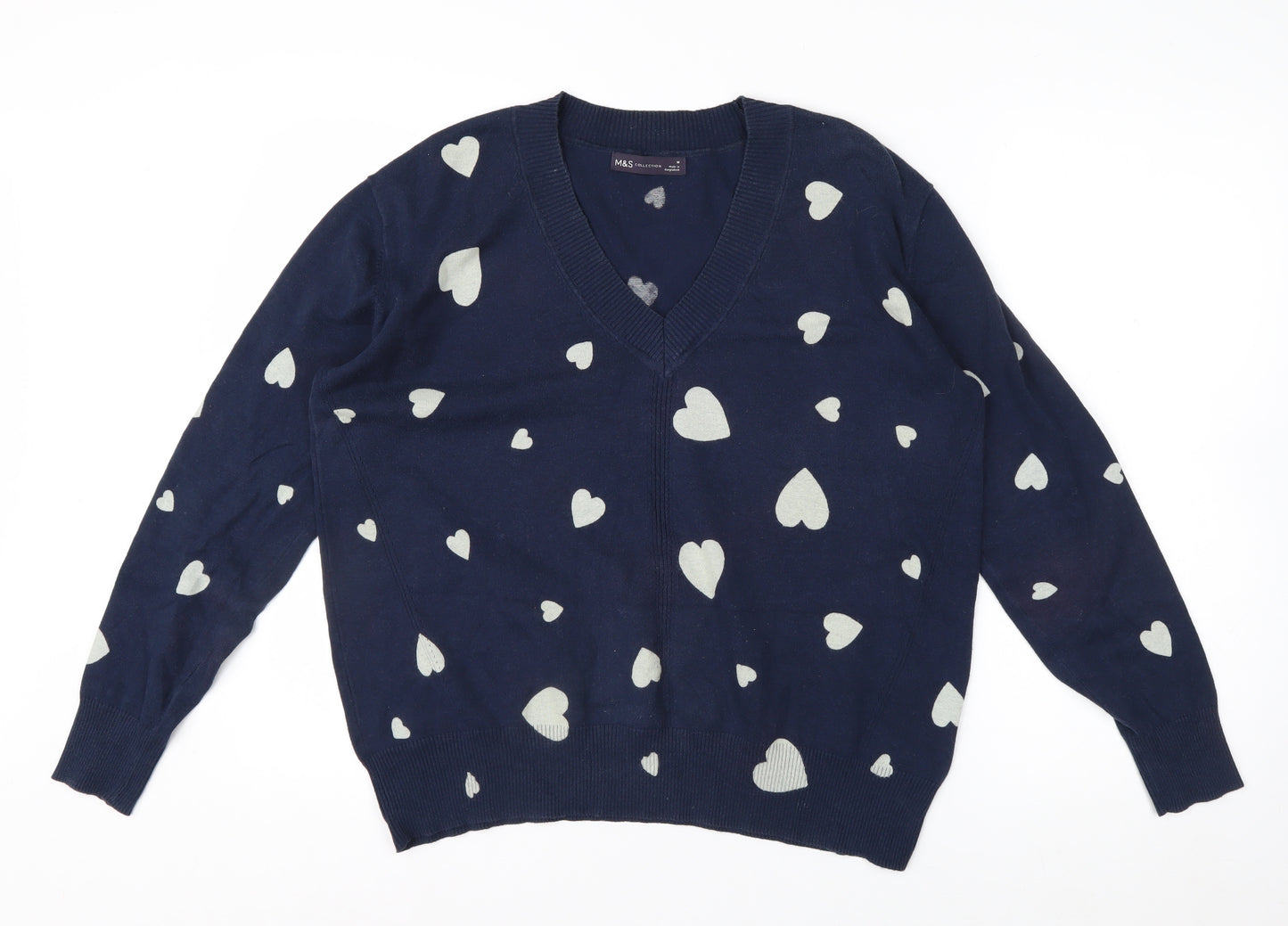 Marks and Spencer Women's Blue Heart V-Neck Cotton Jumper M