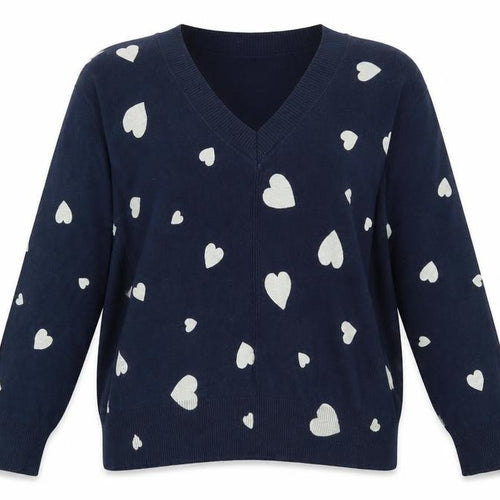 Marks and Spencer Women's Blue Heart V-Neck Cotton Jumper M